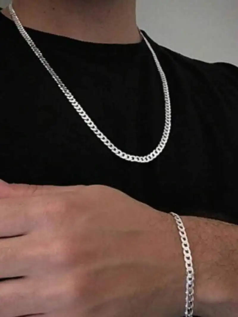 2 peças Joias Conjunto de Corrente Grumet Colar e Pulseira Moda Masculina Banhadas a Prata Aço Inox 316L 2.0 mm kit