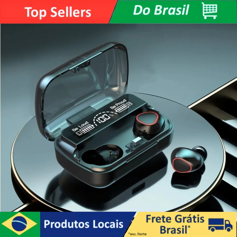 Fone de Ouvido Bluetooth 5.1 com Case LED Digital – À Prova D'água, Graves Potentes, Bateria Longa, Touch Control