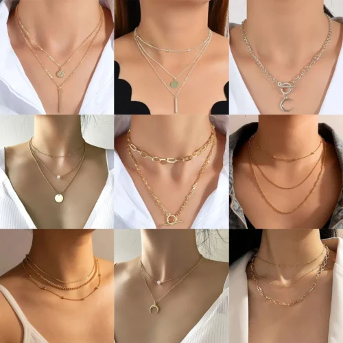 Boho cor de ouro metal simples imitação pérola redonda lantejoulas lua borboleta rosa flor pingente colares meninas moda jóias