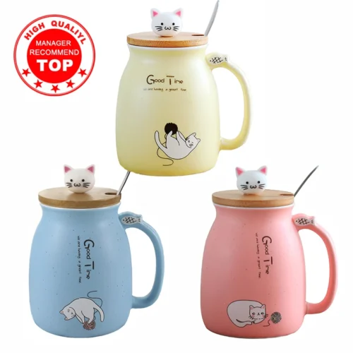 Caneca resistente ao calor de gato de cor criativa dos desenhos animados com tampa 450ml copo gatinho café canecas de cerâmica crianças copo escritório drinkware presente
