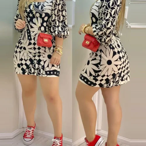 Vestido de moda feminina 2024 verão mais recente europeu e americano ol deslocamento lazer preto impresso quadrado pescoço saia curta