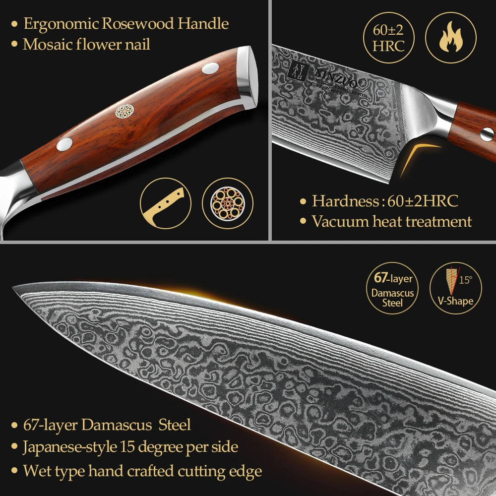 XINZUO-Kitchen Knife Sets, Japonês Forjado, Aço Damasco, Santoku Facas, Aço inoxidável, Rosewood Handle, 1Pc, 3Pcs - Imagem 3