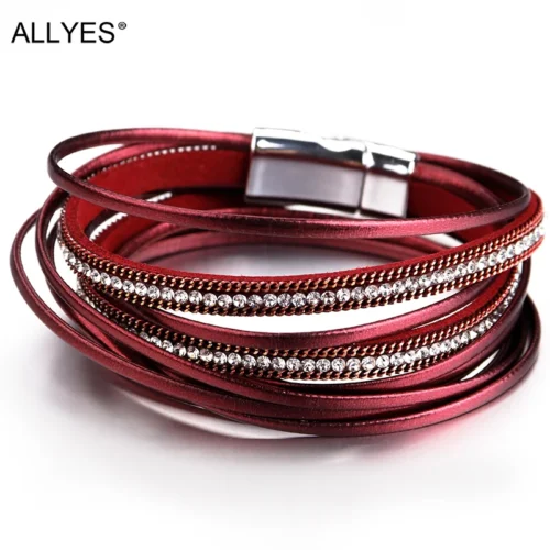 ALLYES-Pulseiras de Couro Multicamadas para Mulheres e Homens, Ímã Fecho de Cristal, Boêmio Duplo Envoltório, Jóias Femininas, 6 Cores