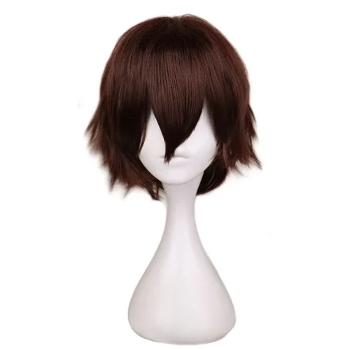 Quelxcaiw peruca curta reta masculina, peruca de cosplay, cabelo sintético marrom escuro, alta temperatura, 100%