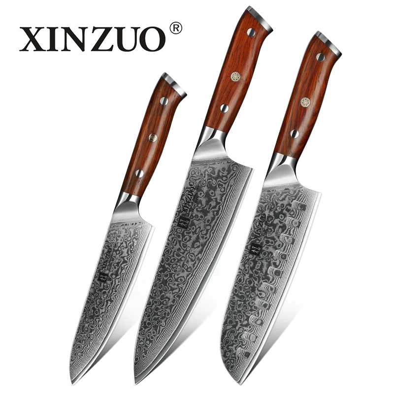 XINZUO-Kitchen Knife Sets, Japonês Forjado, Aço Damasco, Santoku Facas, Aço inoxidável, Rosewood Handle, 1Pc, 3Pcs - Imagem 7