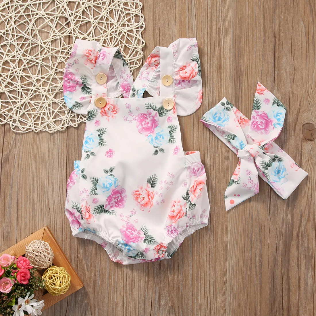 Citgeett-Conjunto de macacão e bandana floral sem mangas para bebês, sunsuit de verão, roupas fofas, roupas infantis, SS, conjunto 2 peças