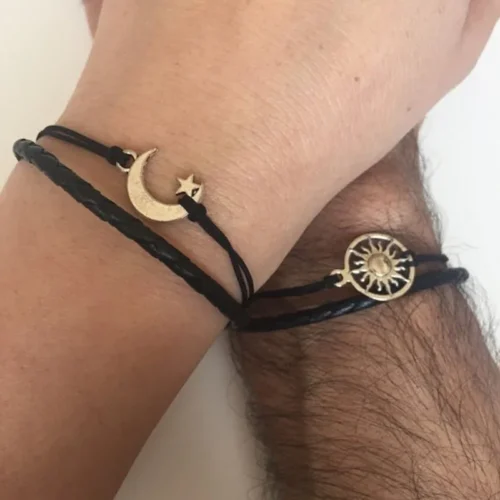 Casais pulseiras amizade amor manguito lua e sol trança de couro presente corrente ajustável na moda inovador