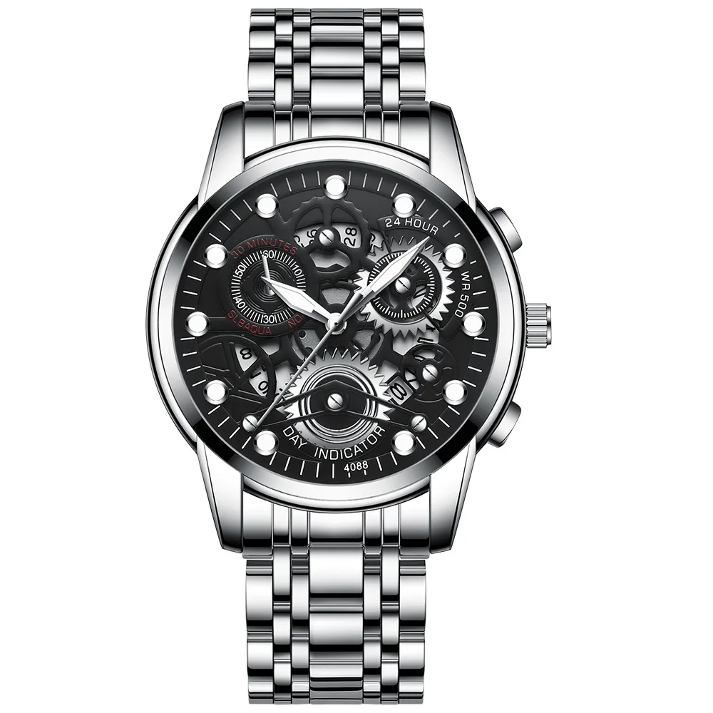 Oco para fora luxo pulseira de aço inoxidável relógio de pulso de quartzo masculino 2025 negócios casual calendário luminoso relógios à prova dwaterproof água para homem - Imagem 2