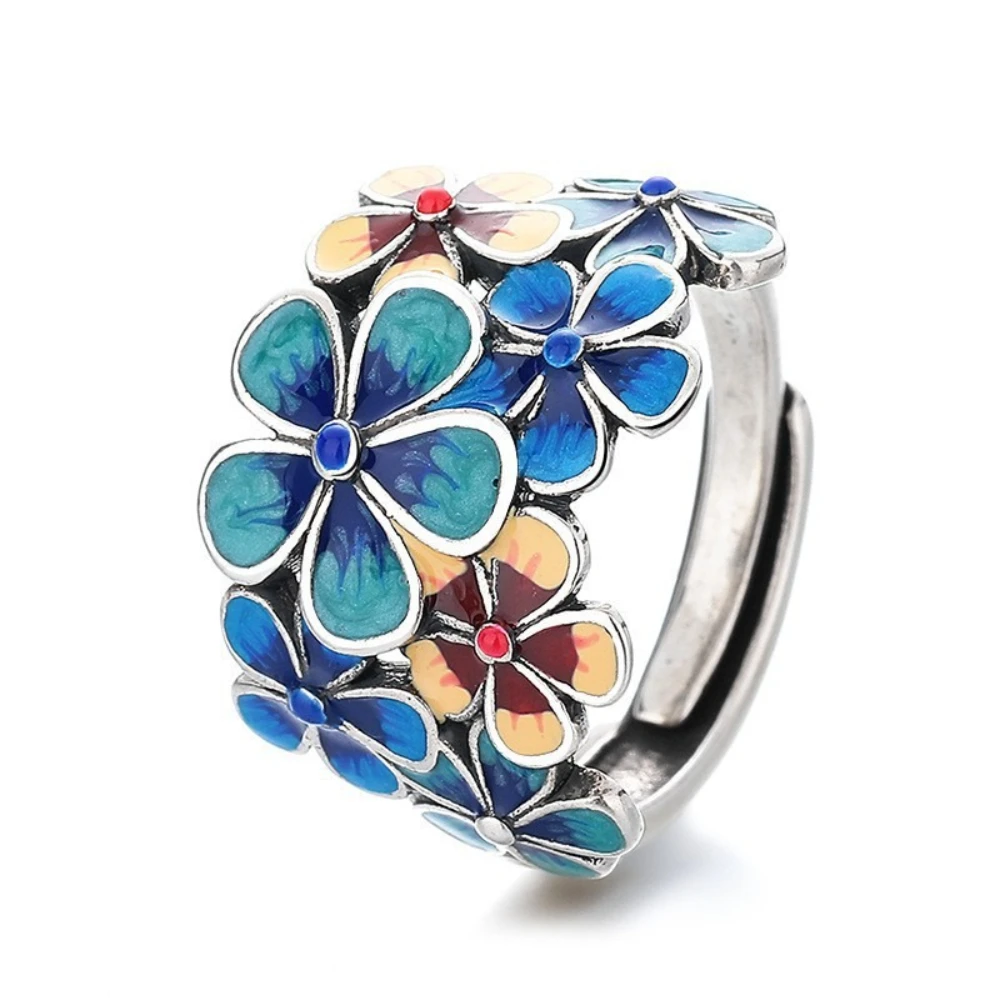Novo anel florido esmaltado para mulheres com atmosférico retrô azul flor casal anel minimalista festa joias presente - Imagem 5