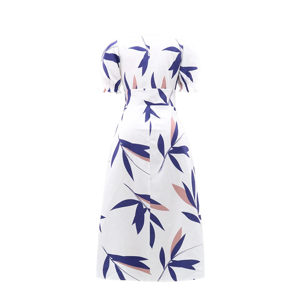 Vestido de peito único com estampa de folhas, vestido elegante de manga curta Aline com decote em V para primavera e verão, roupas femininas - Imagem 4