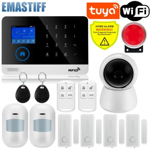 Sem fio tuya app sim gsm casa rfid assaltante segurança lcd toque teclado wifi gsm sistema de alarme sensor kit russo, voz espanhola