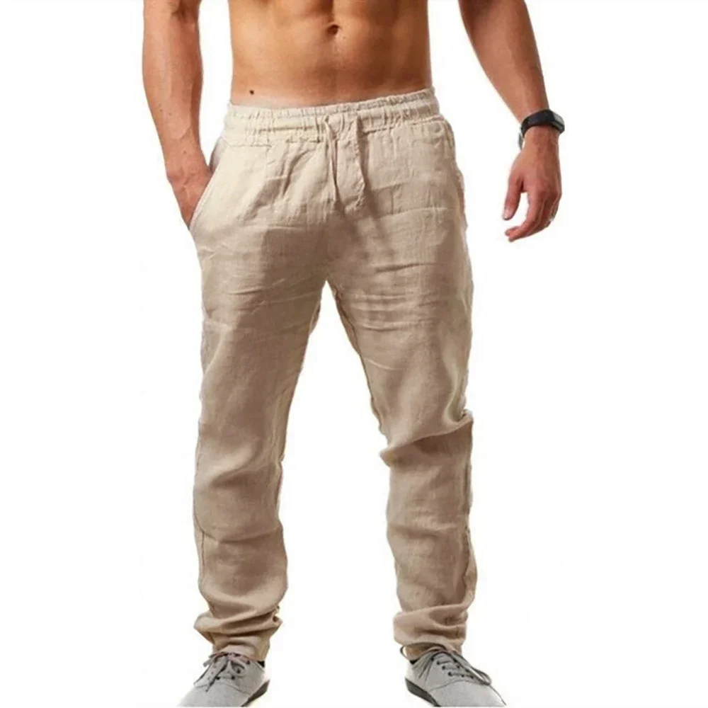 Calças de linho masculinas verão respirável calças de linho moletom cor sólida linho calças de fitness jogging fitness streetwear - Imagem 6