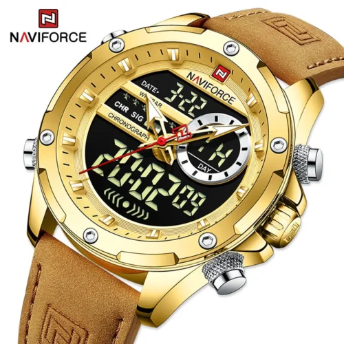 Naviforce relógios originais de luxo para homens casual esporte cronógrafo alarme quartzo relógio de pulso couro à prova dwaterproof água relógio digital 9163
