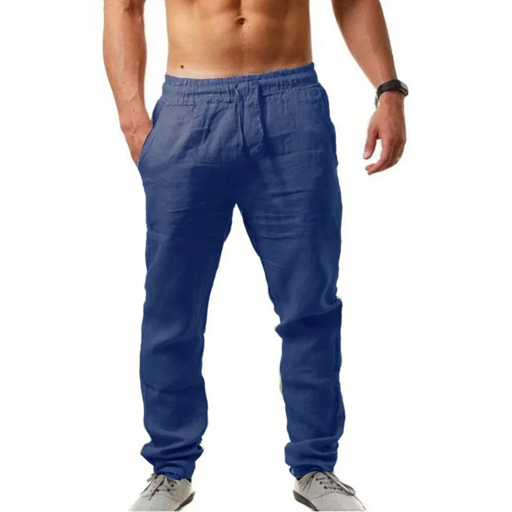 Calças de linho masculinas verão respirável calças de linho moletom cor sólida linho calças de fitness jogging fitness streetwear - Imagem 8