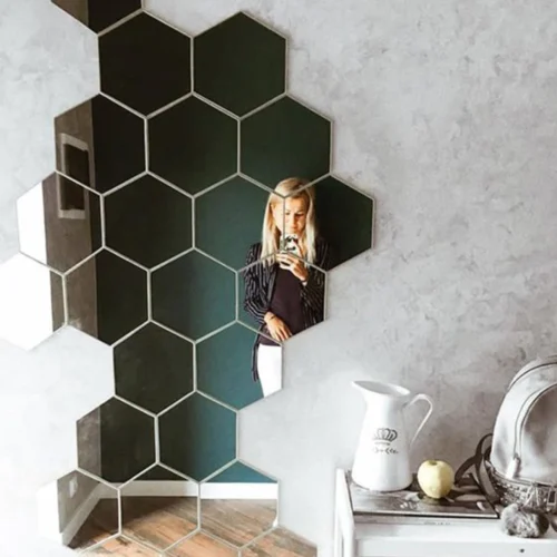 6/12 pçs 3d hexágono espelho adesivo de parede rosa ouro diy tv fundo sala estar adesivos decoração da parede quarto banheiro decoração casa
