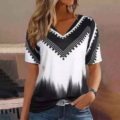 Moda feminina t camisa listras impressão gradiente decote em v manga curta básico topos streetwear verão roupas de grandes dimensões camisetas femininas