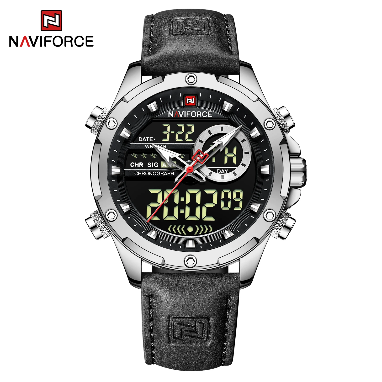 Naviforce relógios originais de luxo para homens casual esporte cronógrafo alarme quartzo relógio de pulso couro à prova dwaterproof água relógio digital 9163 - Imagem 15