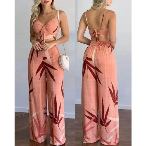 Verão feminino tropical impressão cinta de espaguete casual rendas até voltar topo & calças cintura alta conjunto 2 peças terno conjuntos 2023 roupas femininas