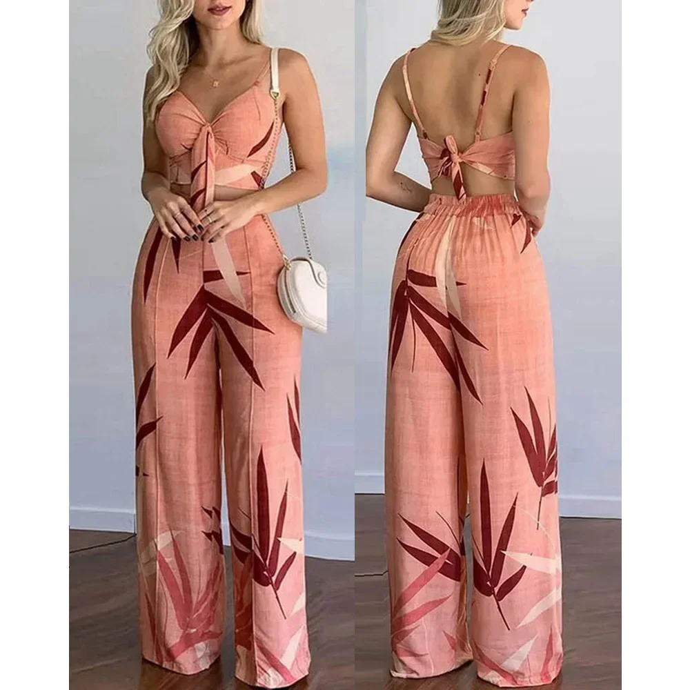 Verão feminino tropical impressão cinta de espaguete casual rendas até voltar topo & calças cintura alta conjunto 2 peças terno conjuntos 2023 roupas femininas