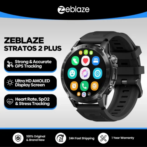 Relógio inteligente esportivo Zeblaze Stratos 2 Plus com GPS, bússola integrada, altímetro barométrico, tela AMOLED de 1,43 polegadas e chamadas de voz.