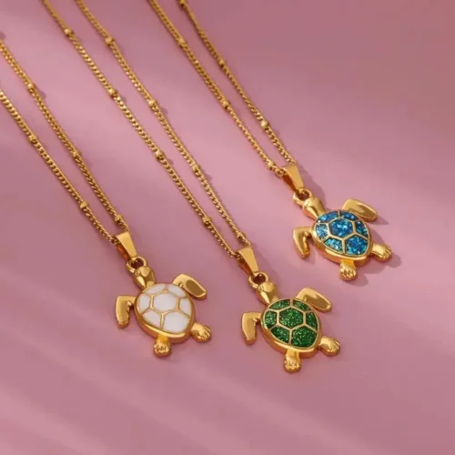 Colar de pingente de tartaruga colorida para mulheres verão praia feminino charme colar contas corrente bonito colar de jóias de aço inoxidável