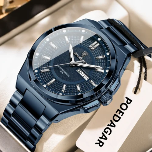 Poedagar esporte original relógio masculino quartzo data semana luxo homem relógio de pulso à prova dwaterproof água luminosa aço inoxidável relógios masculinos reloj