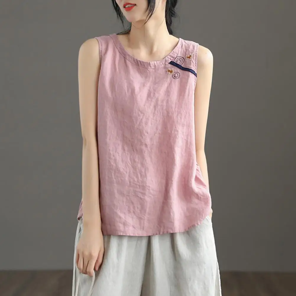 Bordado feminino estampa algodão linho regata, leve, na moda, respirável, o-pescoço, streetwear - Imagem 2