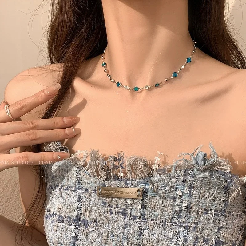 Novo romântico azul cristal borboleta colar para mulheres simples brilhante zircão bicamada gargantilha clavícula corrente nova jóias finas - Imagem 6