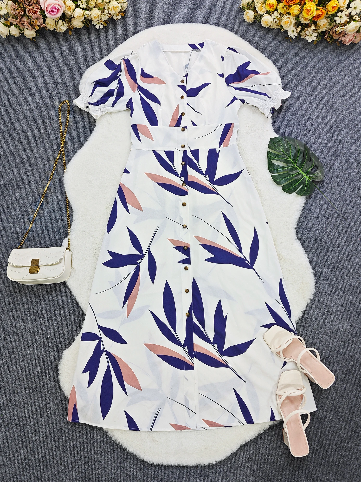 Vestido de peito único com estampa de folhas, vestido elegante de manga curta Aline com decote em V para primavera e verão, roupas femininas - Imagem 2