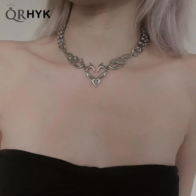 Pingente de coração de chama oca de aço inoxidável requintado; Colar de colar de metal punk unissex para o estilo de luxo hip hop. - Imagem 4