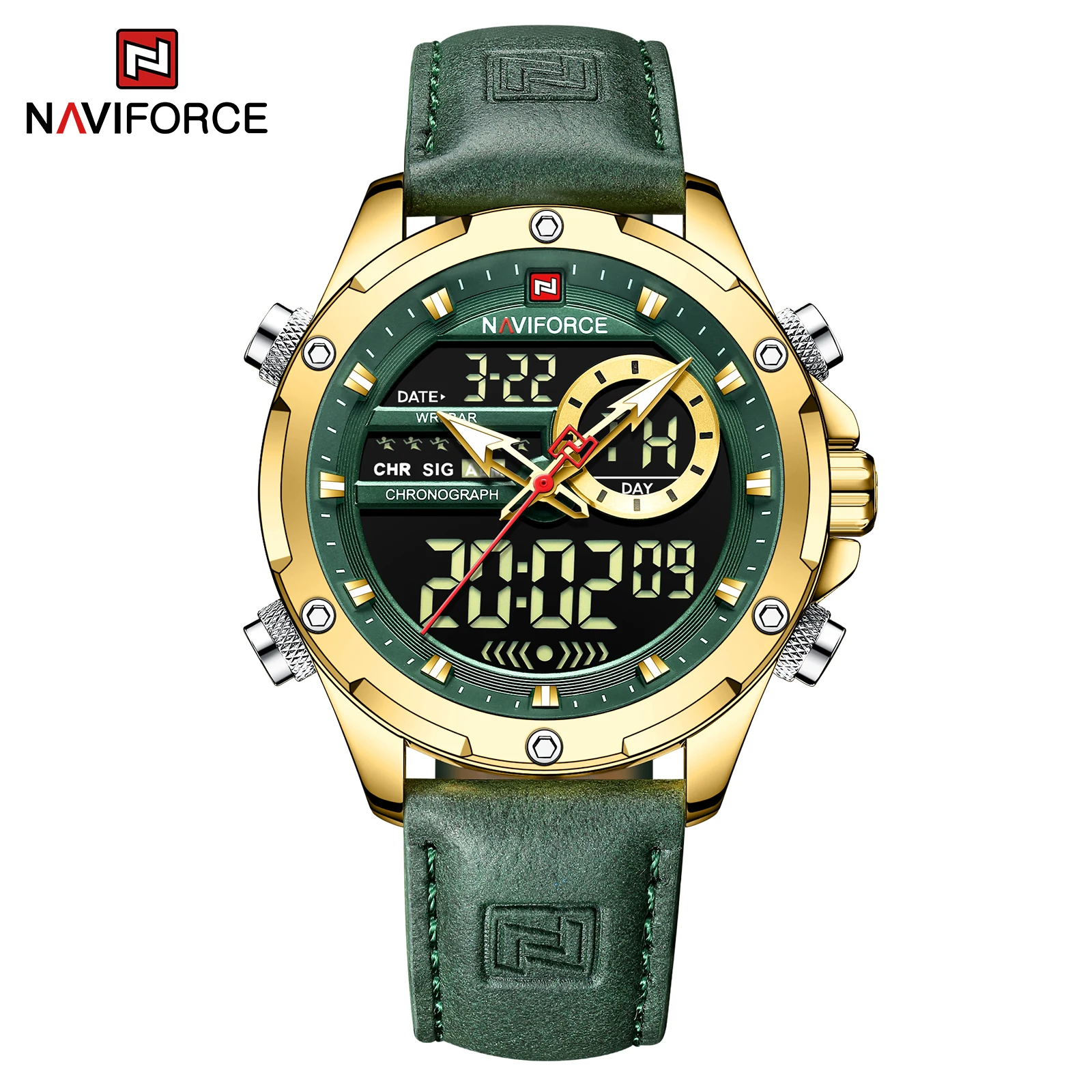 Naviforce relógios originais de luxo para homens casual esporte cronógrafo alarme quartzo relógio de pulso couro à prova dwaterproof água relógio digital 9163 - Imagem 13
