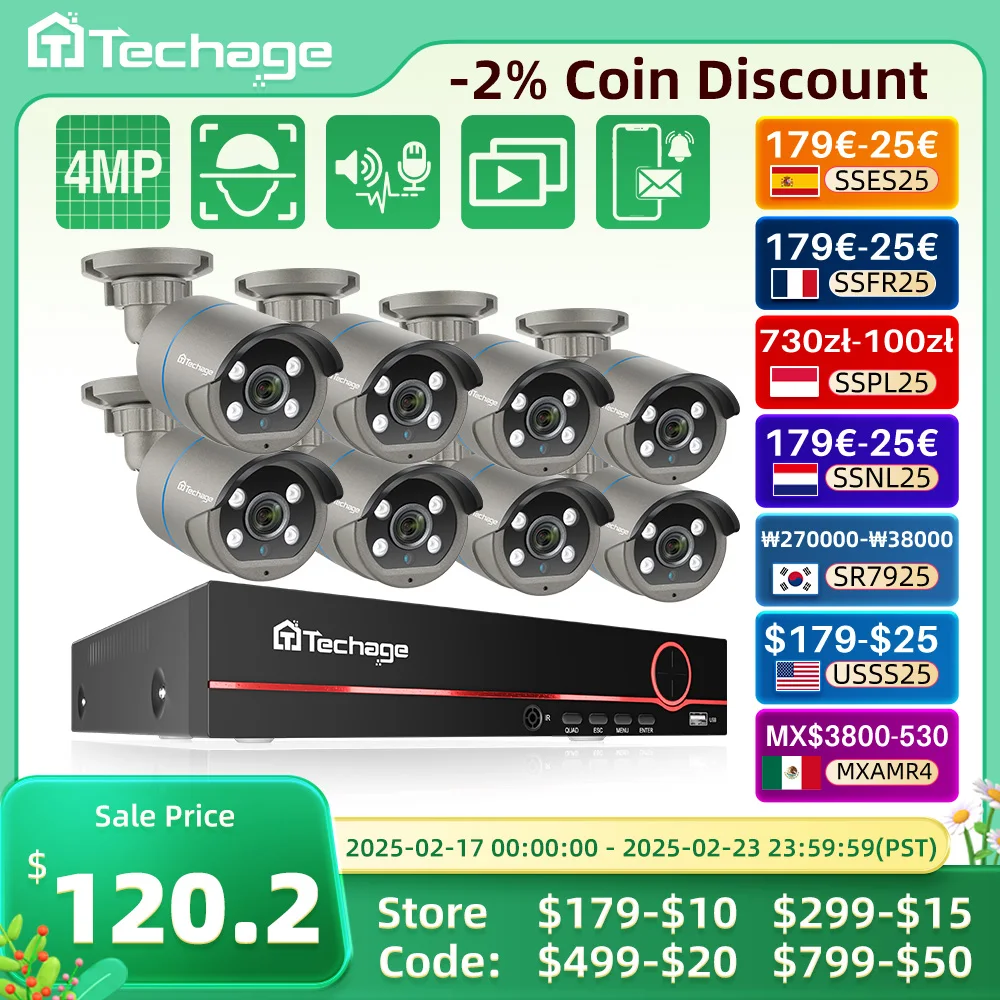 Techage-CCTV Security System Kit, Face Detect, Áudio ao ar livre bidirecional, Câmera IP, P2P Video Surveillance Set, 8CH HD, 4MP POE NVR, H.265