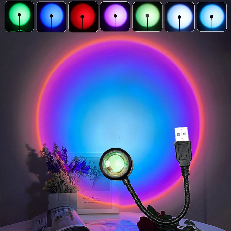 Usb pôr do sol lâmpada led night light projetor arco-íris fotografia parede atmosfera luzes decoração do quarto casa decoração presentes