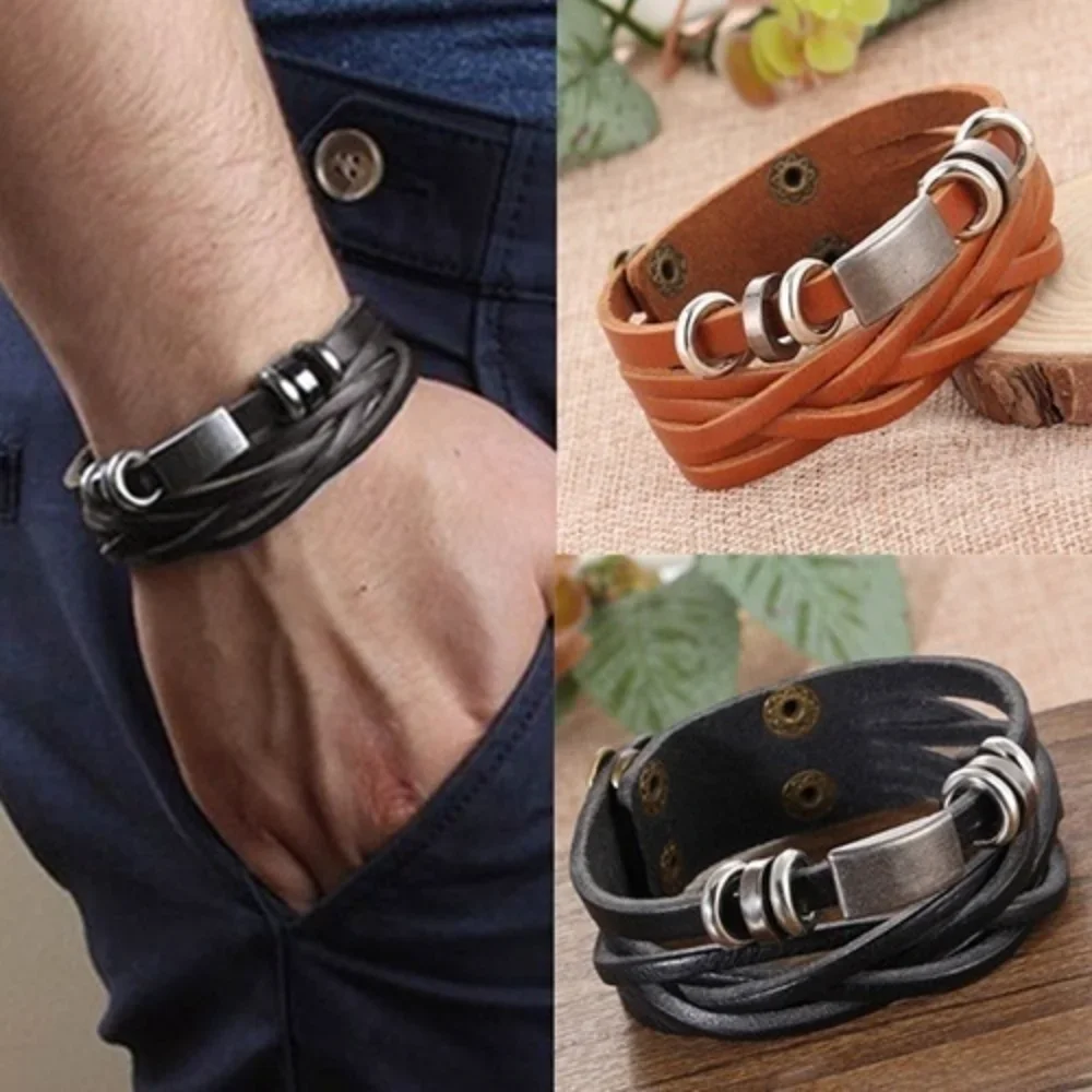 Pulseira masculina vintage multicamadas trançada de couro sintético