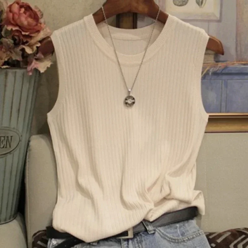 Colete de malha com decote em O feminino, camiseta regata sólida, sem mangas, casual com tops finos, moda feminina, primavera, verão, novo - Imagem 10