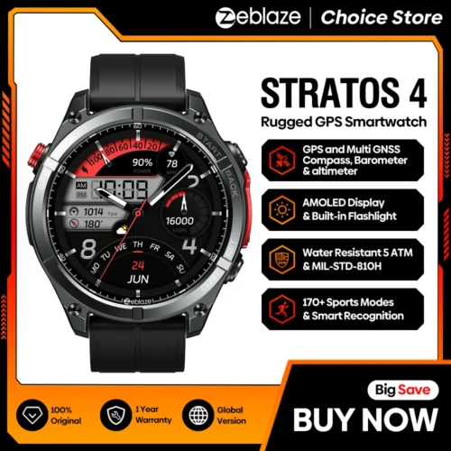 NOVO Smartwatch Zeblaze Stratos 4 GPS 2025 com tela AMOLED de 1,43", bússola, altímetro barométrico, lanterna e chamadas de voz.