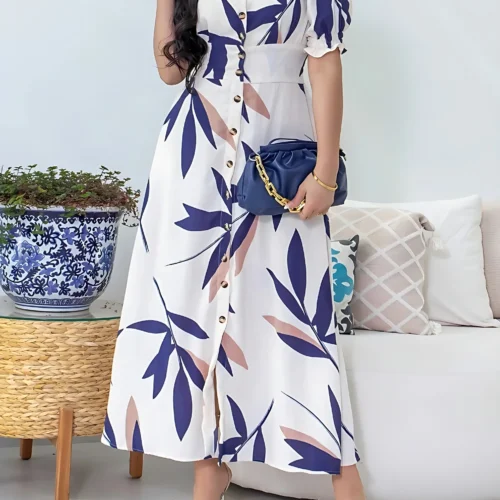 Vestido de peito único com estampa de folhas, vestido elegante de manga curta Aline com decote em V para primavera e verão, roupas femininas