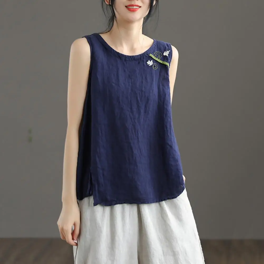 Bordado feminino estampa algodão linho regata, leve, na moda, respirável, o-pescoço, streetwear - Imagem 6