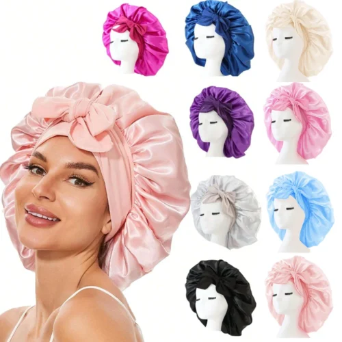Gorro de cetim de seda ajustável Bonne para dormir gorro de cabelo com gravata para mulheres e homens