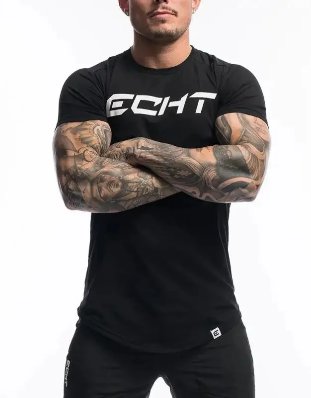 Echt novo esporte masculino elástico manga curta camiseta efeito de emagrecimento fundo redondo para fitness e corrida fora fornecimento direto - Imagem 9