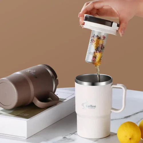 Caneca térmica de aço inoxidável para café e água com tampa com canudo separador para chá e colher dobrável. Livre de BPA.