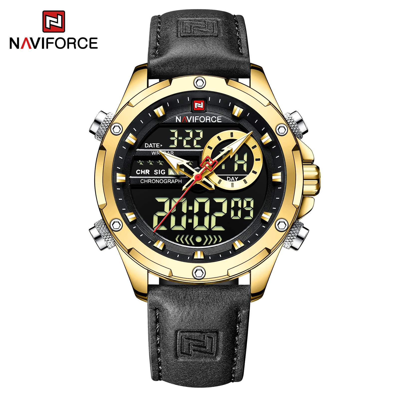 Naviforce relógios originais de luxo para homens casual esporte cronógrafo alarme quartzo relógio de pulso couro à prova dwaterproof água relógio digital 9163 - Imagem 14
