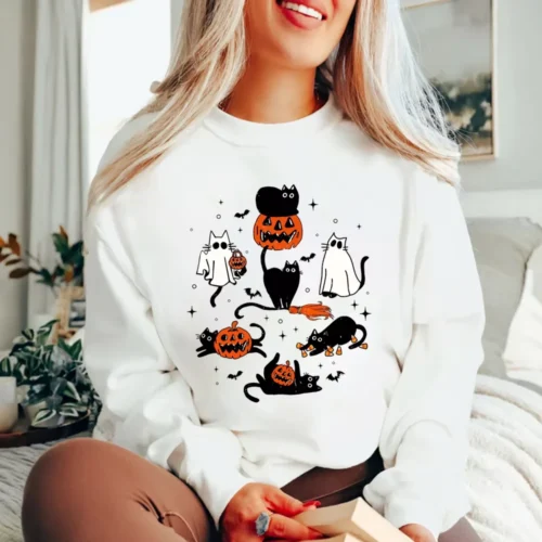 Moletom fofo de Halloween com gato fantasma Boo, camiseta de Halloween com gato e abóbora, moletom de mangas compridas para o outono.