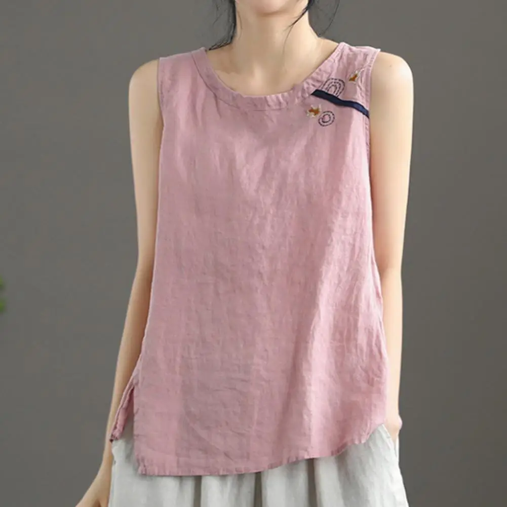 Bordado feminino estampa algodão linho regata, leve, na moda, respirável, o-pescoço, streetwear - Imagem 4