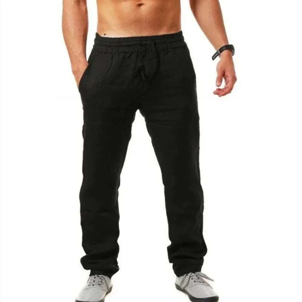 Calças de linho masculinas verão respirável calças de linho moletom cor sólida linho calças de fitness jogging fitness streetwear - Imagem 3