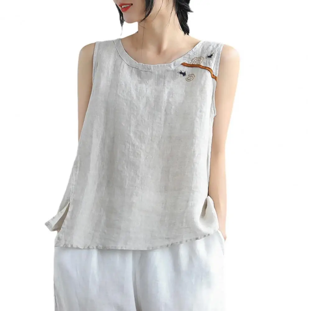 Bordado feminino estampa algodão linho regata, leve, na moda, respirável, o-pescoço, streetwear - Imagem 9