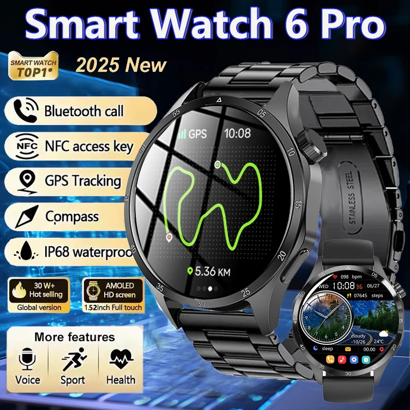 2025 New Men GPS Smart Watch 360 * 360 AMOLED Screen Bluetooth Call NFC Heart Rate Monitoring IP68 Waterproof SmartWatch for Men