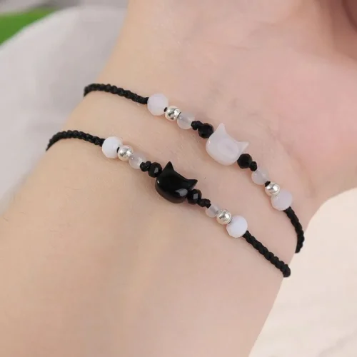 Bonito artesanal pulseira de corda preta preto e branco gato moonstone pulseira ajustável minimalista jóias presentes casal