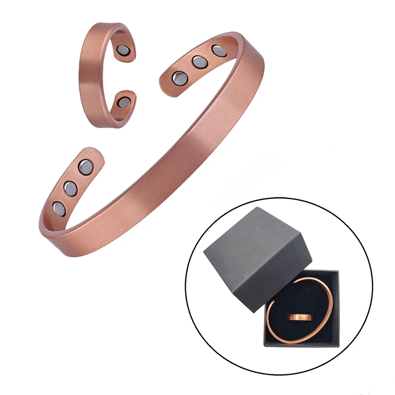 Conjunto de jóias simples pulseira de cobre puro anéis manguito pulseiras magnéticas para mulheres homens artrite saúde jóias de cobre sólido - Imagem 10
