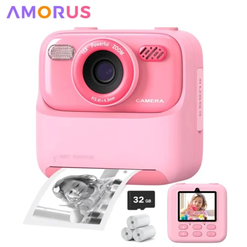 AMORUS Crianças Câmera Instantânea 1080P HD Lente Dupla Selfie Câmera Digital para Meninas Meninos Presentes de Aniversário de Natal Brinquedos Com Impressão 32G